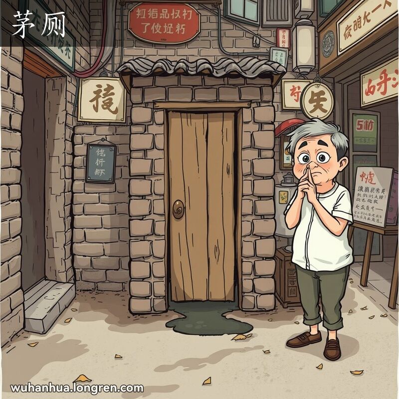 一间传统的武汉老巷子公共厕所，砖块粗糙，地面潮湿，一位居民捏着鼻子站在旁边，背景是武汉老街景