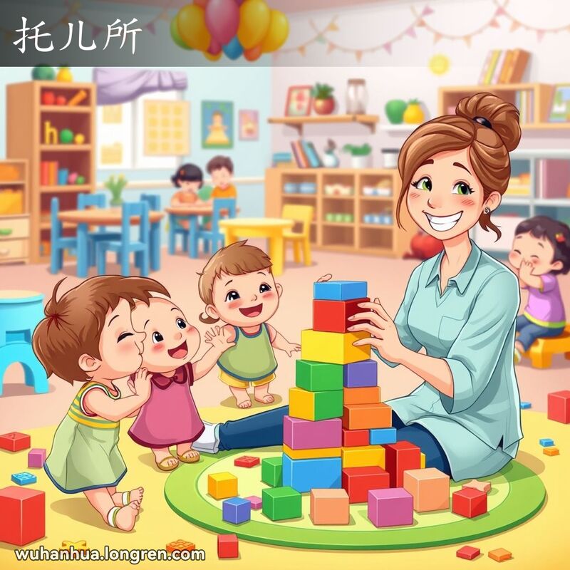 一个充满活力和色彩的儿童游戏室，孩子们在玩耍，保育员在与他们互动，背景有玩具和故事书。