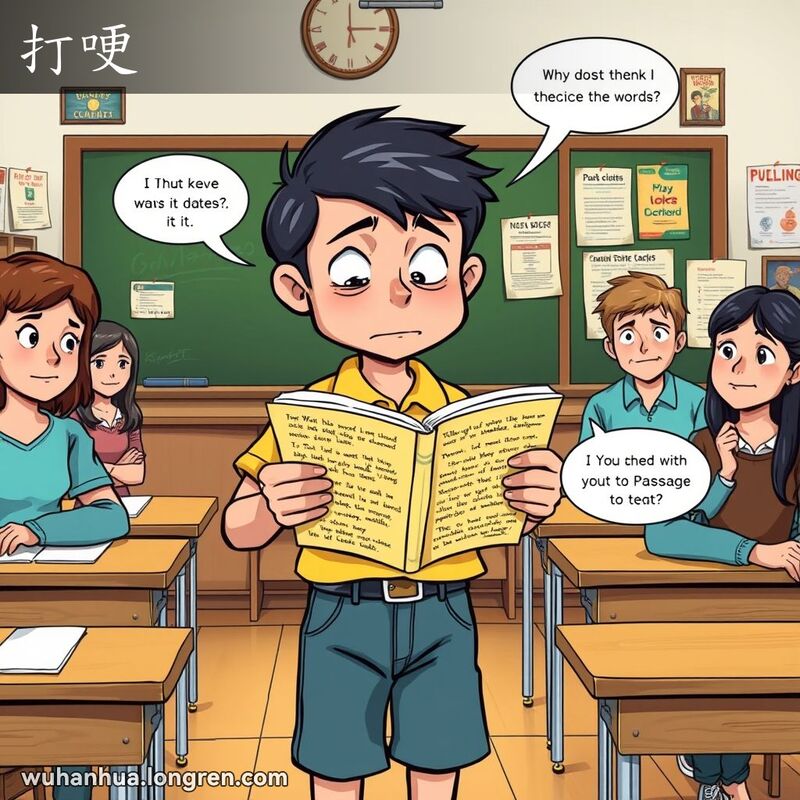 一位学生在课堂上背书时频频停顿和结巴，老师和同学们在一旁观看，背景是复古教室。