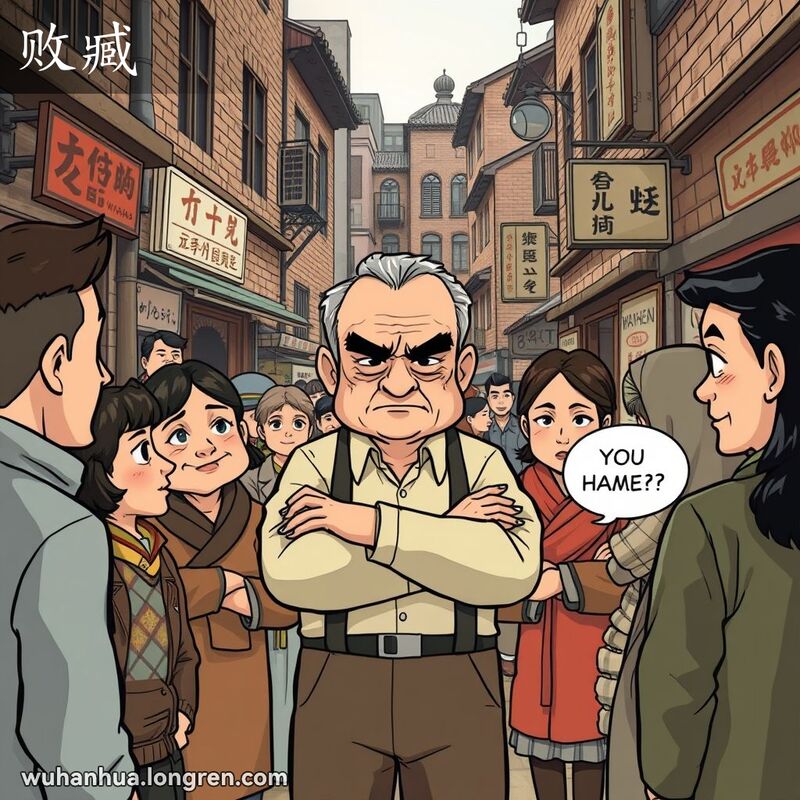 一群人在武汉老街区议论，主角不满地看着被议论的人，表现“败臧”的情景。