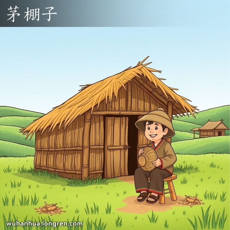 一个用芦苇和稻草搭建的简陋茅草屋，周围是绿色田野和蓝天，农民坐在屋前，手持竹帽，背景是山丘和其他茅草屋。