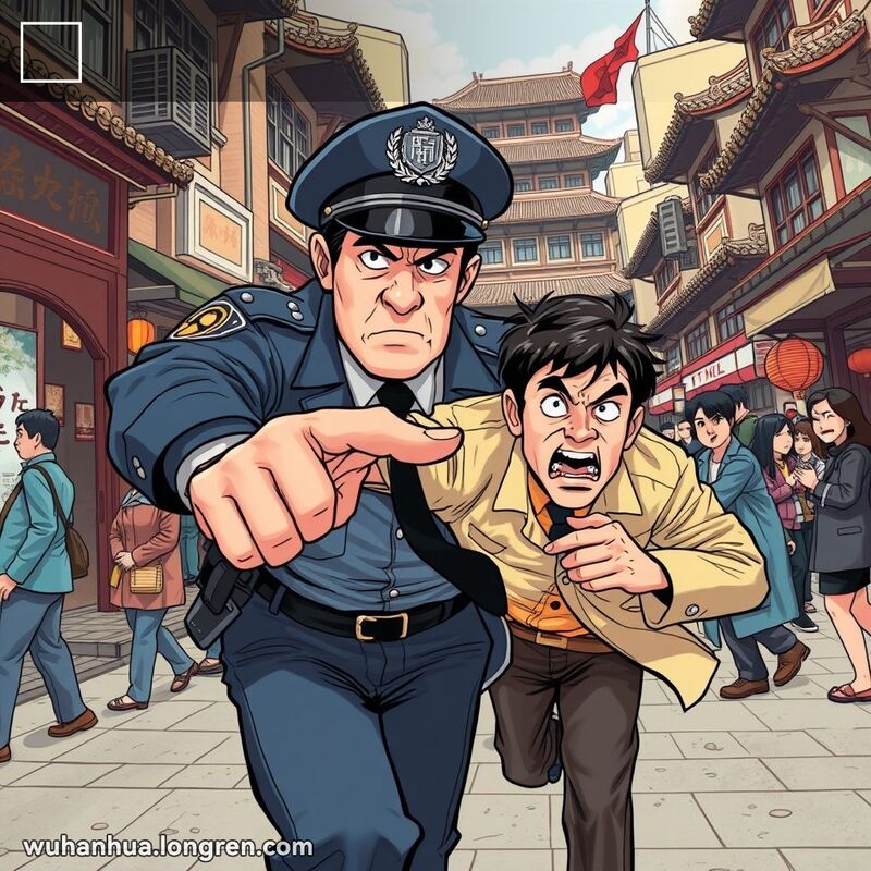 一位警察在武汉老街上追捕可疑男子，男子即将被抓住，背景有传统建筑和围观行人