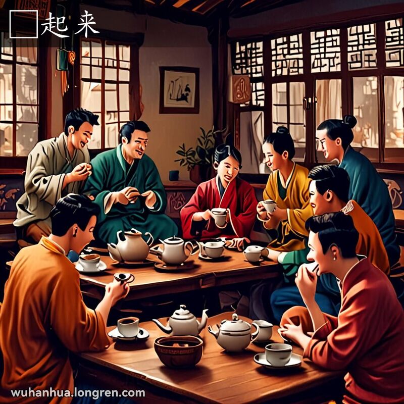 一群朋友在茶馆里，一个人用搔痒挠挠背，其他人在笑谈，背景是传统中国装饰和木质家具