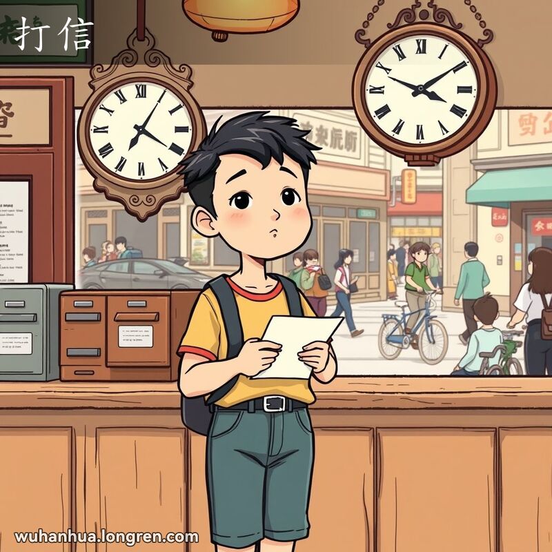 一位武汉市民在邮局柜台前写信，背景是热闹的街道和复古邮局