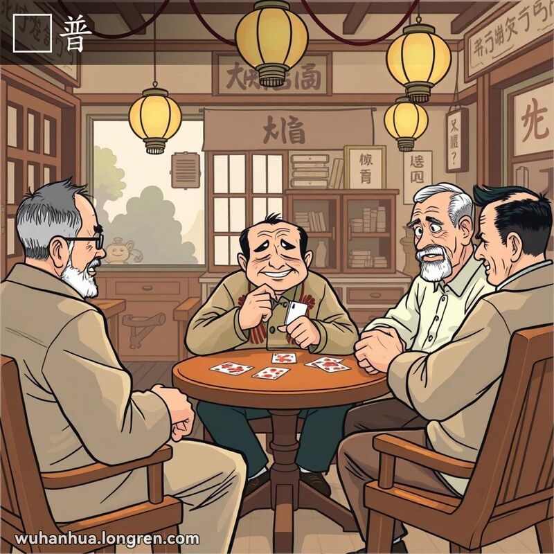 一群中年男子在武汉茶馆打牌，一人手持牌露出狡黠微笑，背景是老式茶馆