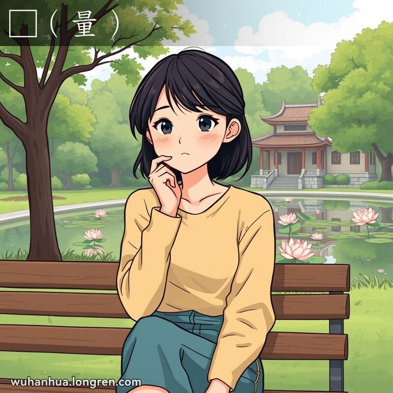 一位年轻的武汉女子坐在公园长椅上，手撑着下巴，神情专注，正在深思，背景是宁静的公园