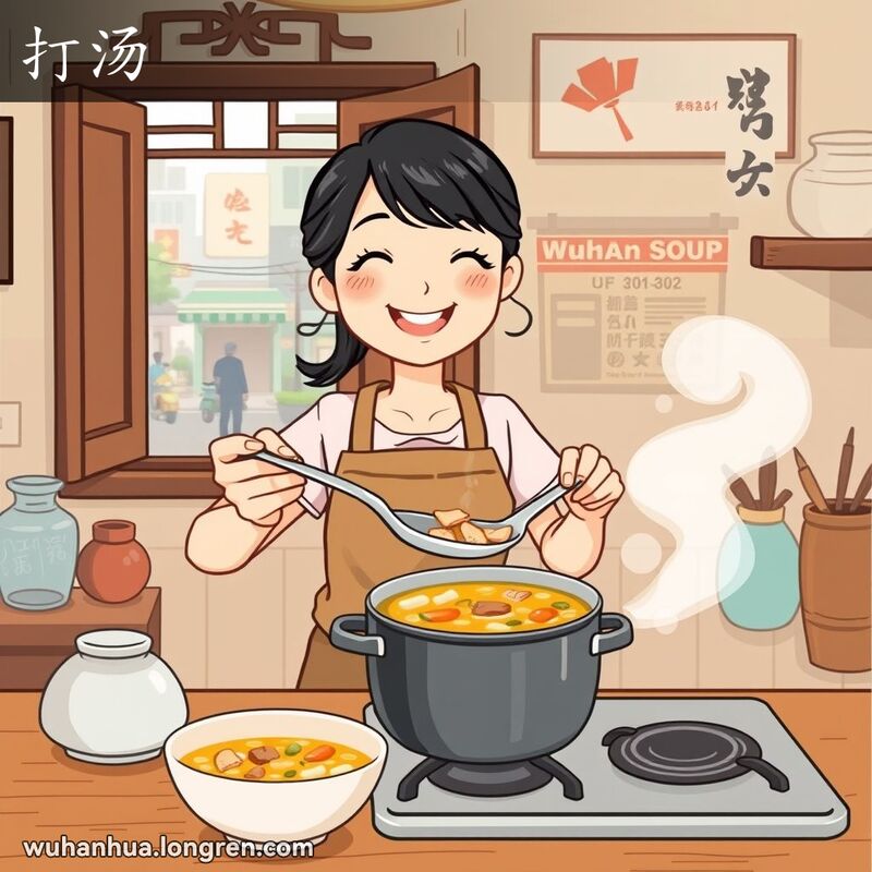 一位武汉妇女在厨房里快速盛汤，背景是武汉的街景