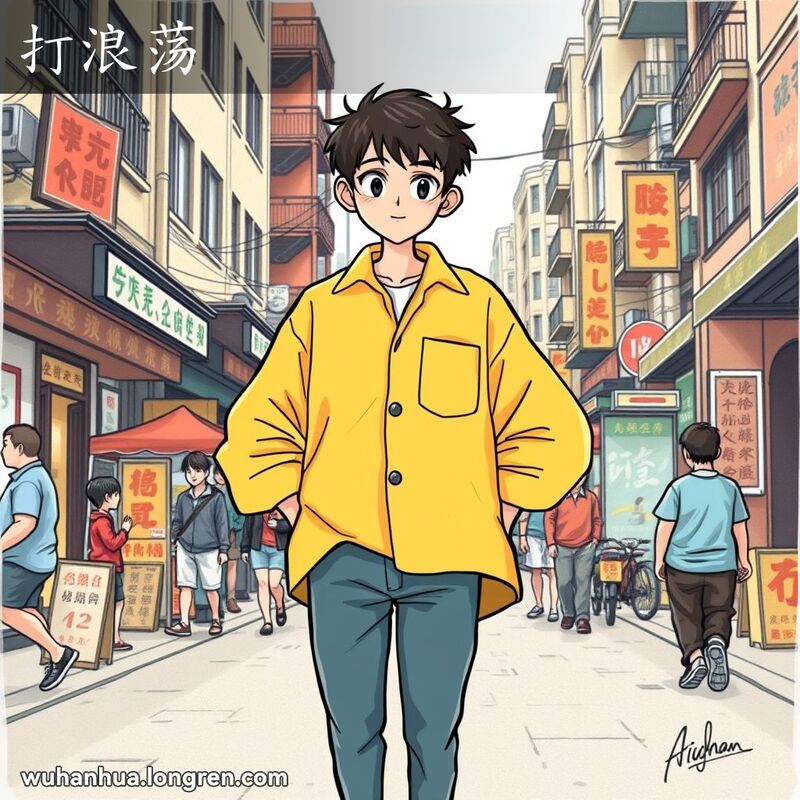 一位年轻人穿着过大的衬衫，站在武汉街头，衣服松垮垮地挂在身上，背景是武汉的街景。