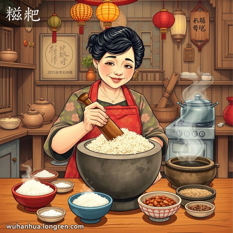 一位中年妇女在传统厨房中用木杵捣糯米，制作糍粑，背景有传统中式厨房用具和装饰