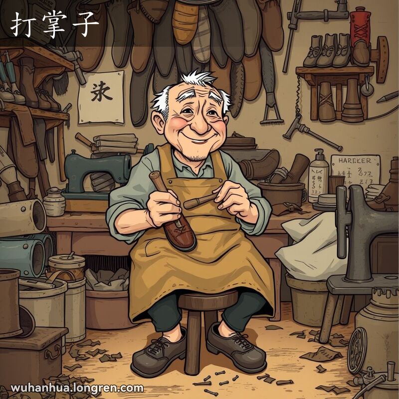 一位老鞋匠在修鞋铺里用锤子在鞋底前端钉上皮子，背景是凌乱的工作台和各种修鞋工具