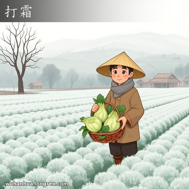 武汉乡村早冬景象，农民站在结霜的田地中，手持一篮刚摘的白菜，背景是宁静的乡村景色。