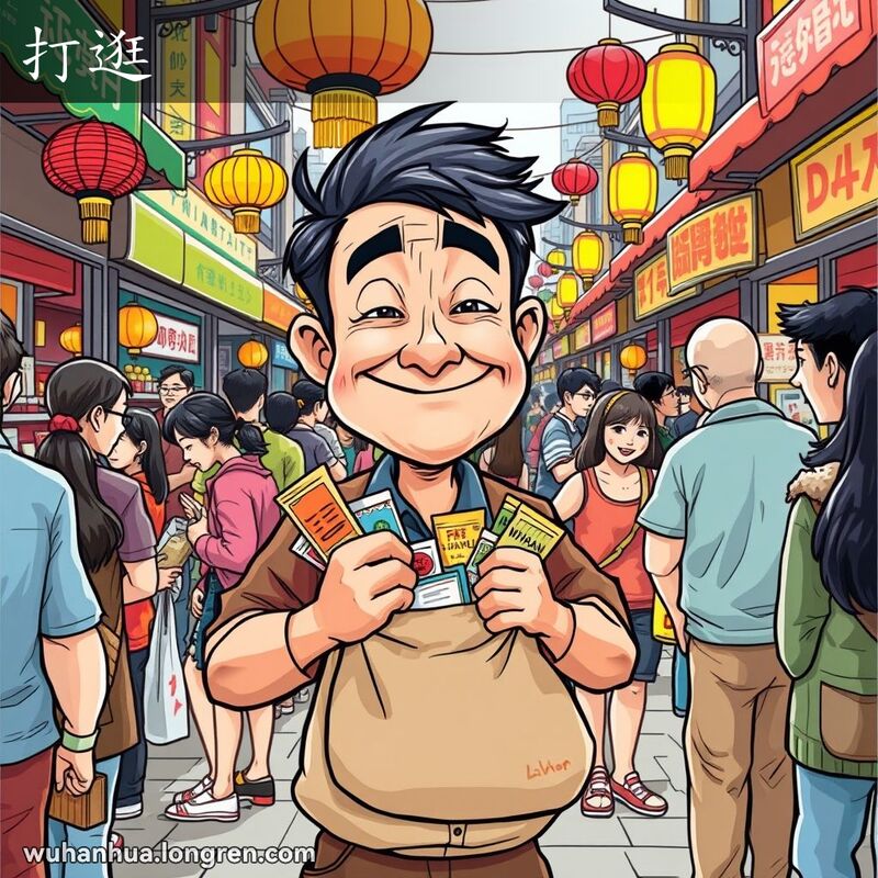一位武汉男子在街头市场上拿着免费样品，脸上带着狡黠的笑容，展现“打逛”的场景。