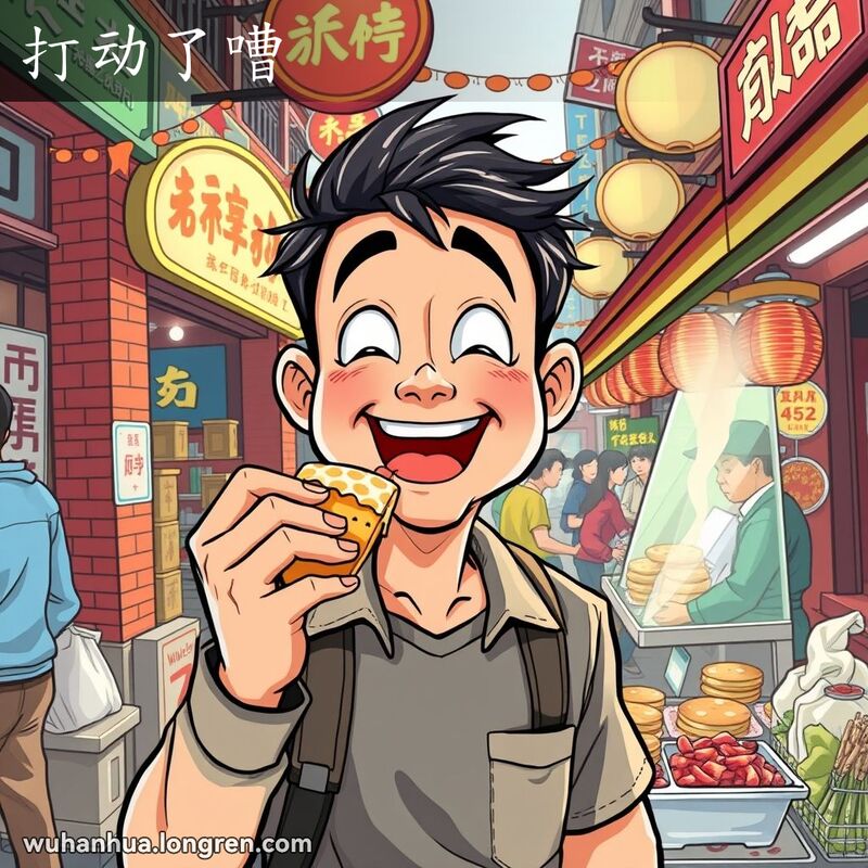 一位武汉男子在街头小吃摊前，刚尝了一口美味小吃，脸上露出惊喜和满足的表情，背景是热闹的武汉街市。