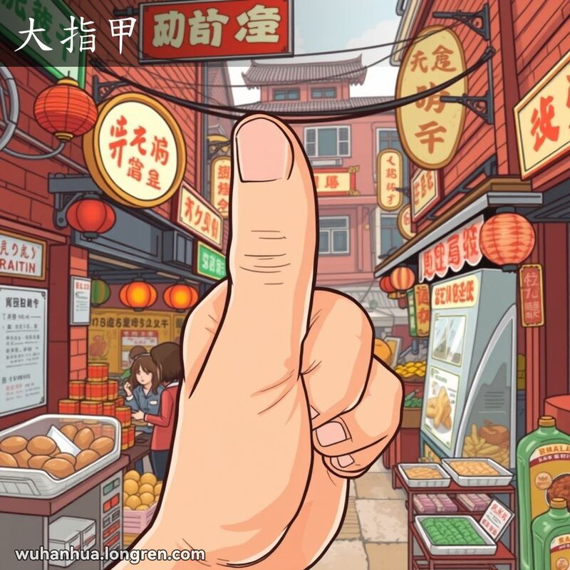 一只手的特写，大拇指显眼突出，背景是武汉街头市场，摊贩们卖着当地小吃和商品。