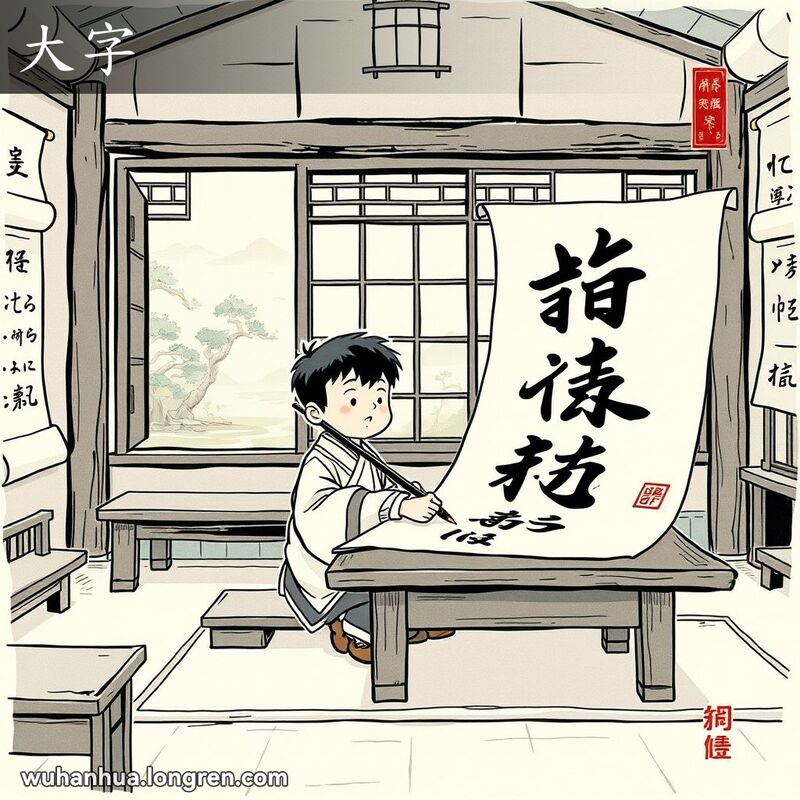 一位年轻学生在传统书法课堂上用大毛笔写大字，背景是古色古香的书房和宁静的庭院