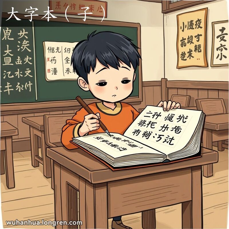 一位年轻学生在传统教室里专心练习大字本
