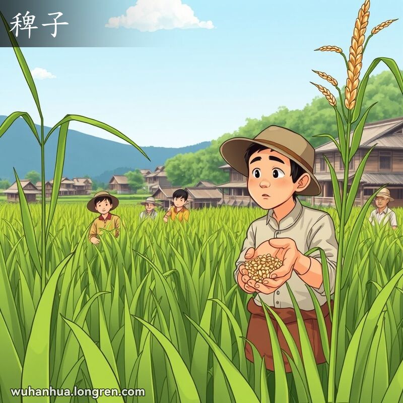 一片稻田中，农民手握稗子种子，背景是传统中国村庄