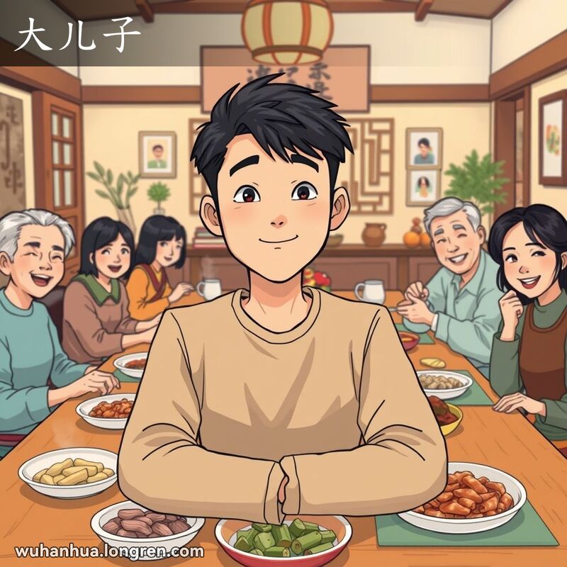 一个传统的武汉家庭聚会场景，长子坐在桌子首位，家人围坐在桌旁享受餐食。