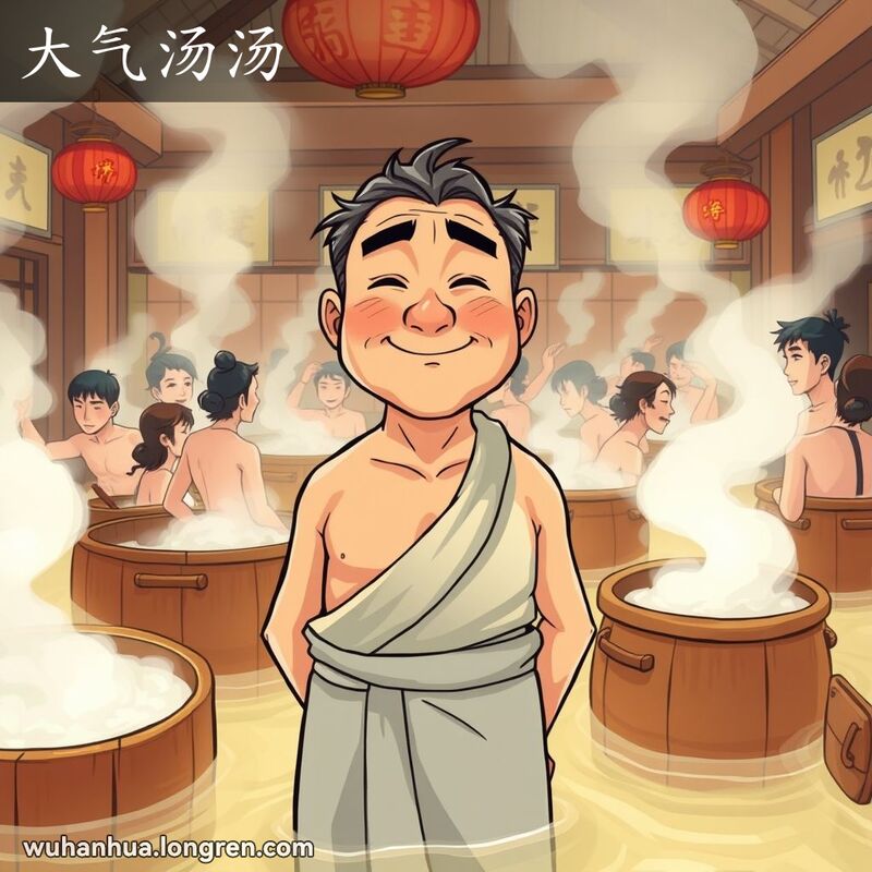 一个传统的中国澡堂场景，澡堂内热气腾腾，充满了蒸汽。主角是一位中年男子，腰间围着毛巾，站在房间中央，脸色因热气而泛红，表情放松而满足。背景中其他洗浴者也在享受热气，画面中有传统的木桶和大瓷壶，盛满了热水。