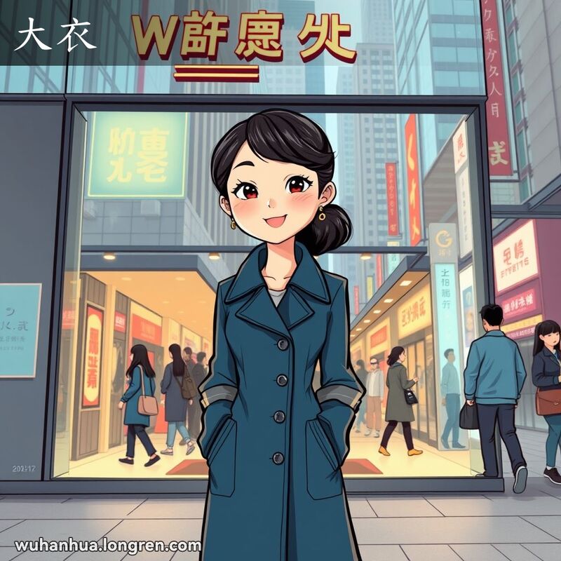一位时尚的武汉年轻女性站在服装店前，身穿长款大衣，背景是繁忙的城市街道