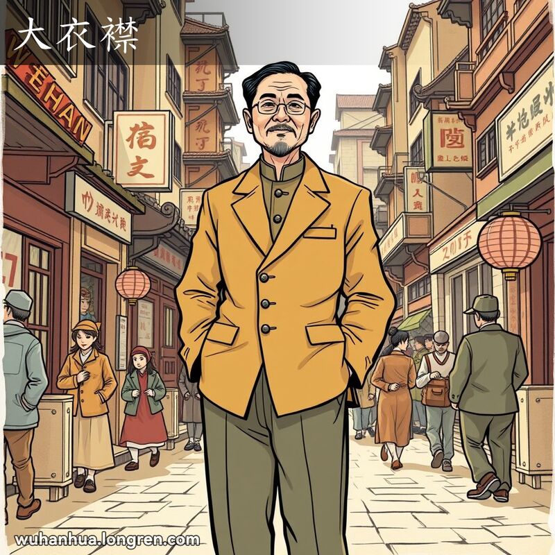 一位穿着中山装的武汉男子站在老街上，展示大襟设计，背景是武汉老街景