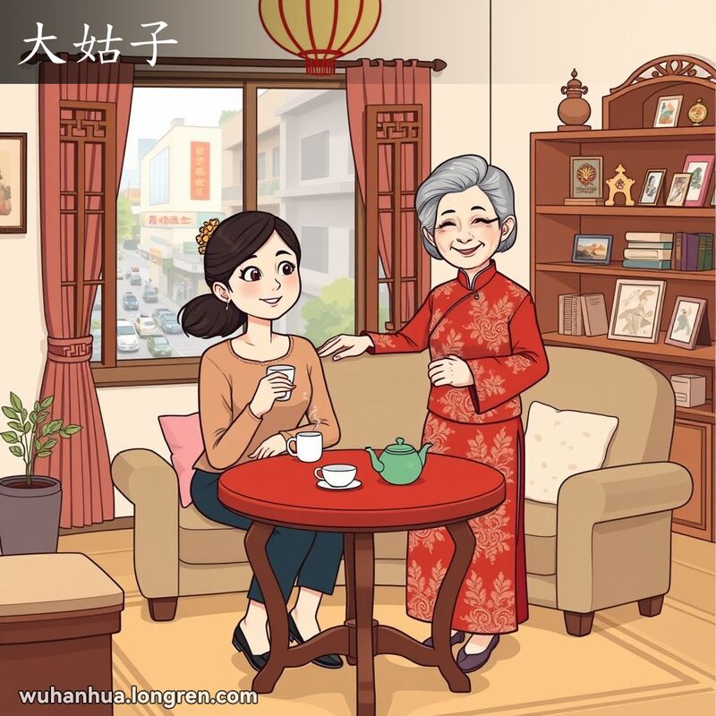 一位年轻女子和一位穿着传统旗袍的年长女子在客厅中亲密交谈，背景是传统中式装饰的客厅和繁忙的武汉街景