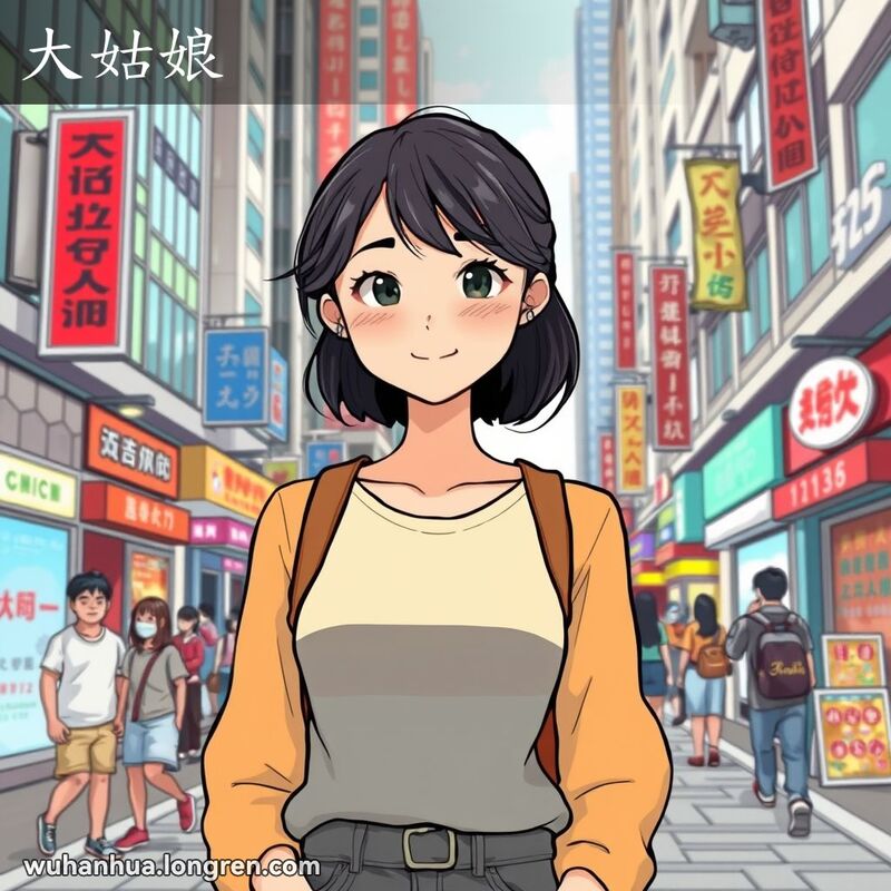 一位二十出头的年轻女性自信地站在繁忙的城市街头，背景是繁华的城市街景
