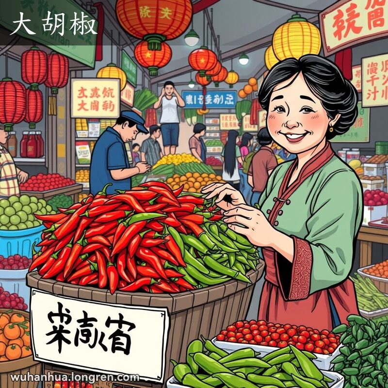 武汉传统市场中，一位妇女在挑选大胡椒，背景是热闹的市场摊位。