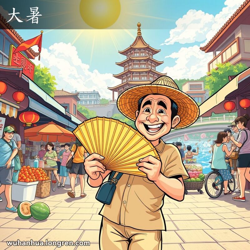 武汉夏日，居民扇扇子，街市热闹，黄鹤楼和长江背景，体现“大暑”的炎热气氛