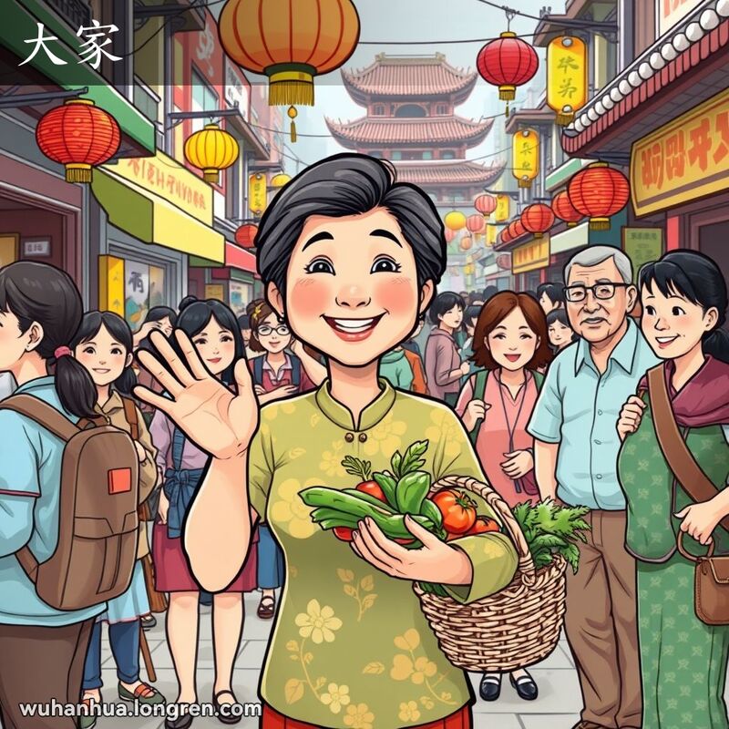 一位中年妇女在武汉街头市场上微笑着向不同年龄和背景的人挥手，背景是色彩斑斓的市场摊位和传统建筑