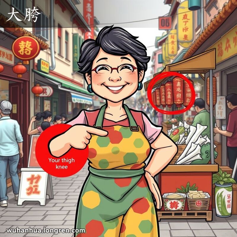 中年妇女在武汉街头小吃摊前指着自己的大腿，背景是热闹的街景和摊位。