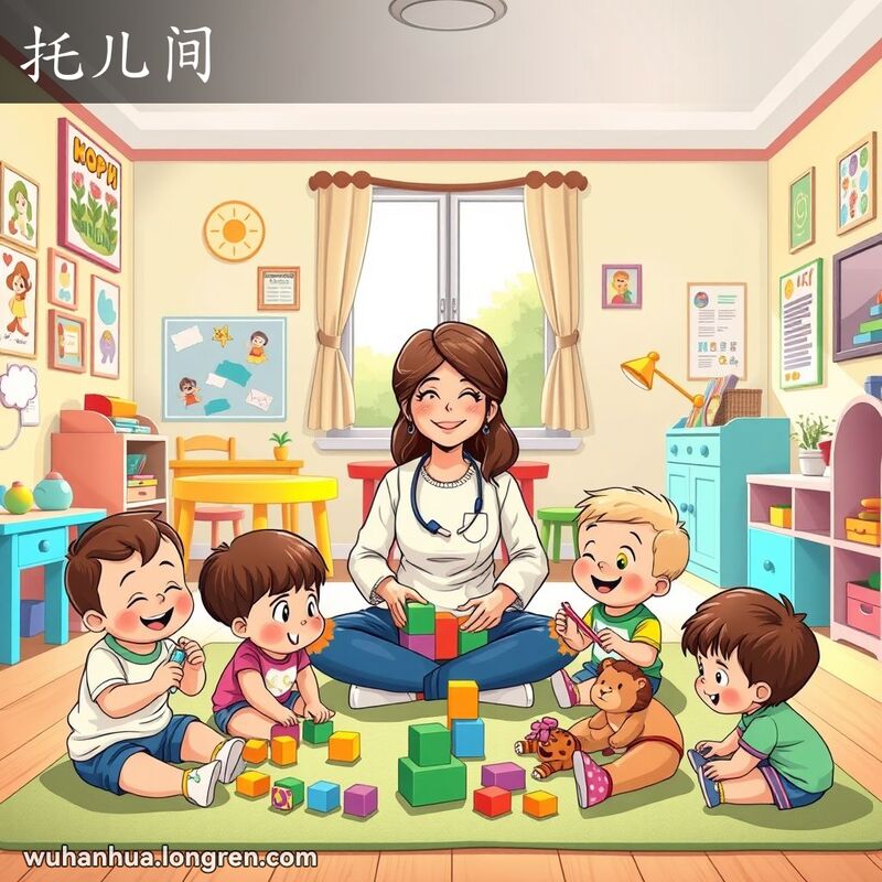 一个温馨明亮的托儿间，保育员与幼儿一起玩耍，房间内有玩具和教育海报，阳光透过窗户洒进房间。