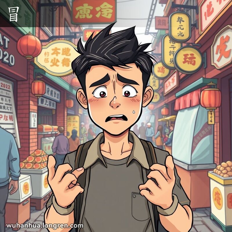 一位年轻男子在武汉街头市场中，因焦虑而额头冒汗，背景是繁忙的武汉老街景