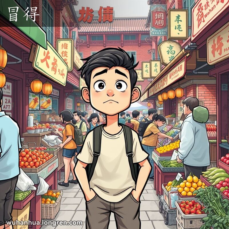 一位武汉年轻人在热闹的街头市场中寻找东西，脸上带着困惑的表情，背景是武汉老街景