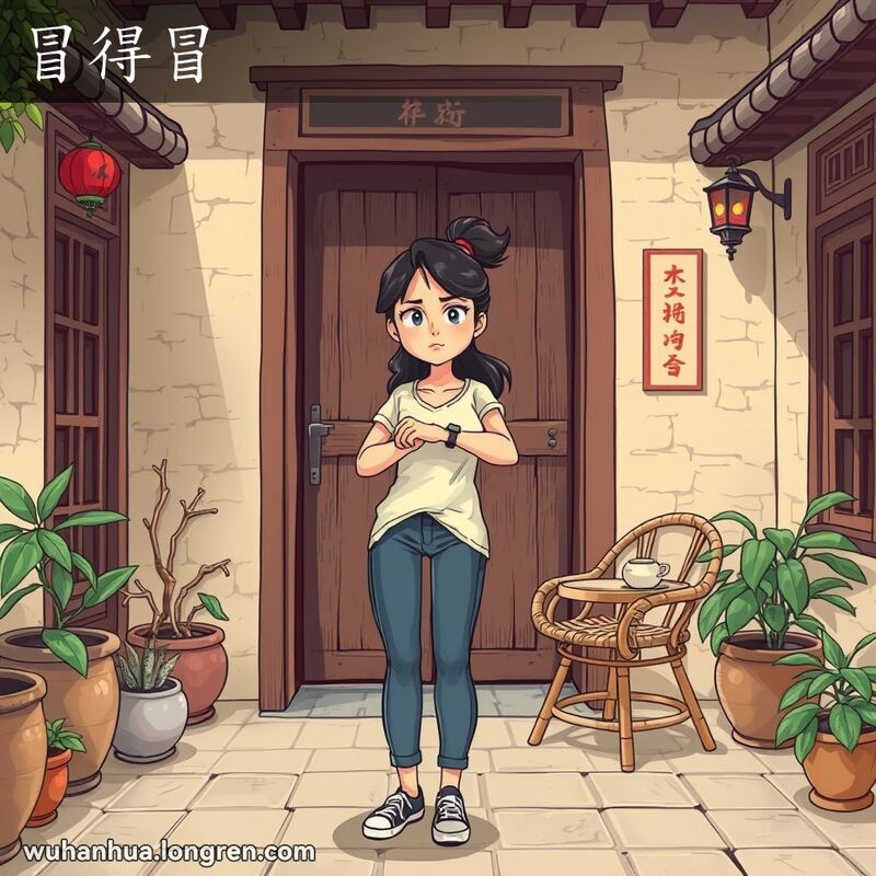一位年轻女子在武汉庭院中焦急等待，看着手表，背景有老木门和盆栽，表现“冒得冒”的情景