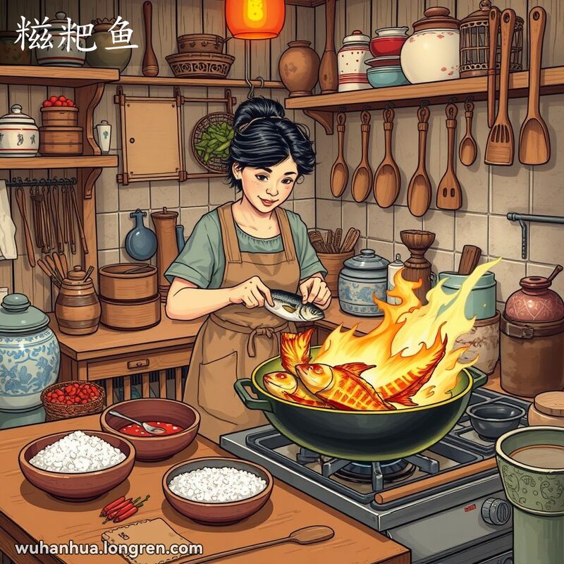 一位中年妇女在传统厨房中切鱼，准备腌制炸熟，背景是中式厨房和各种厨具