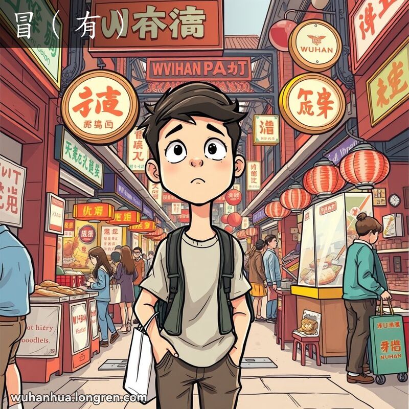 一位年轻人站在武汉街头市场入口，环顾四周，露出困惑的表情，背景是热闹的市场和武汉老街景