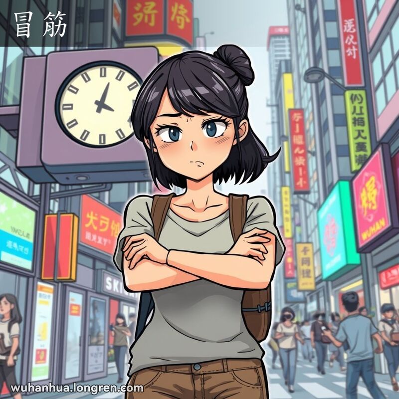 一位年轻的武汉女子站在城市街头，脸上露出恼怒和不耐烦的表情，背景是繁忙的城市景象。