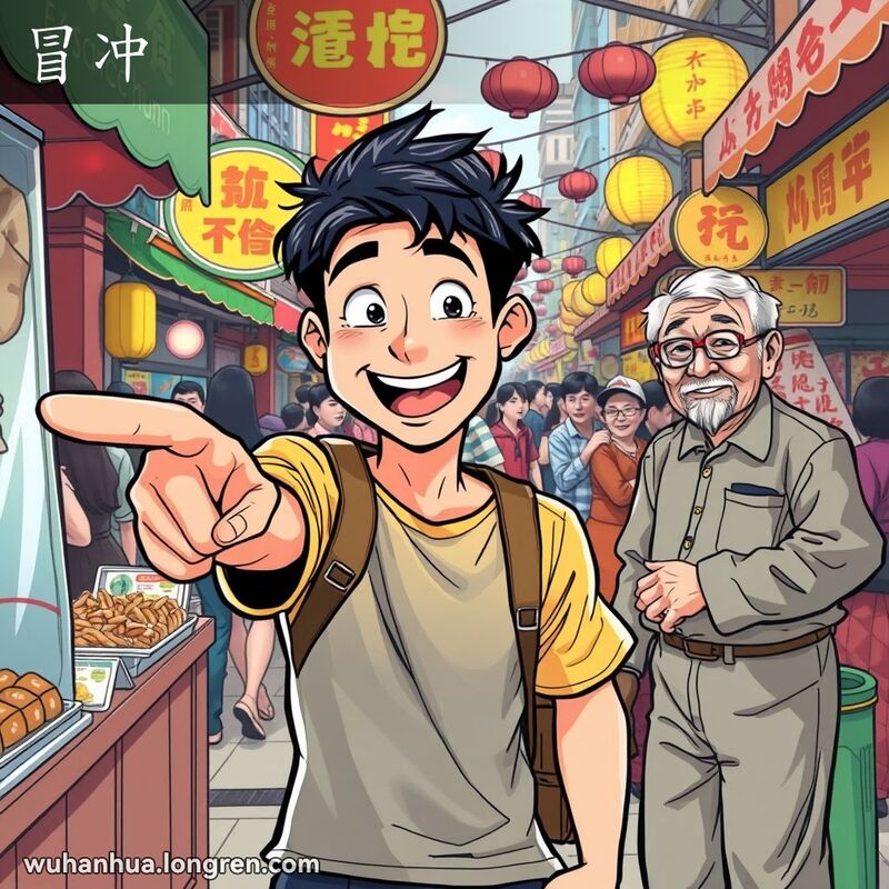 一位年轻人在武汉街头市场中，兴奋地指着摊位，背景是繁忙的市场和热闹的人群
