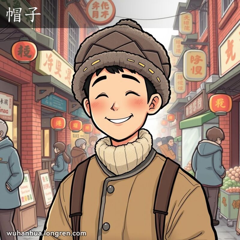 一位武汉男子在冬季市场中戴着保暖的绒帽，背景是武汉老街景