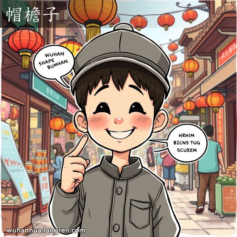 一位戴着传统中式帽子的男孩站在武汉街市中，指着帽檐，背景是热闹的街市景象