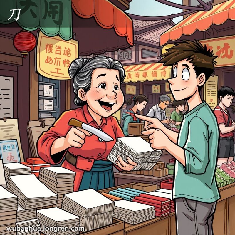 武汉街市摊位前，一位妇女手持刀和纸叠，顾客指着纸叠，背景有其他摊贩和热闹的市场氛围