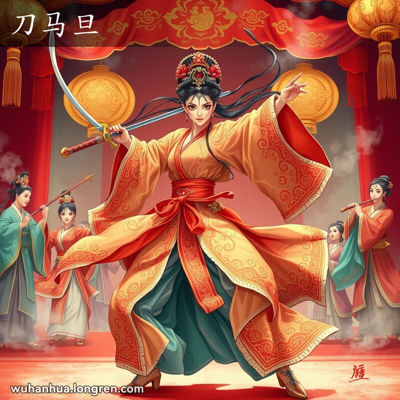 一位女演员在戏曲舞台上手持剑和鞭表演武术，背景有其他演员和乐器