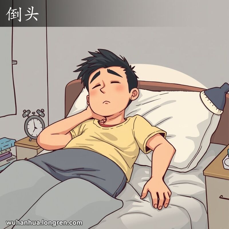 一位疲惫的男子躺在床上，头歪向一边，准备入睡，背景是温馨的卧室