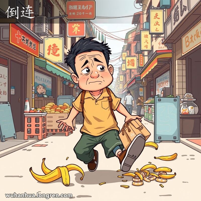 一位武汉男子在街上滑倒，摔了一跤，脸上露出“倒连”的表情，背景是武汉街景