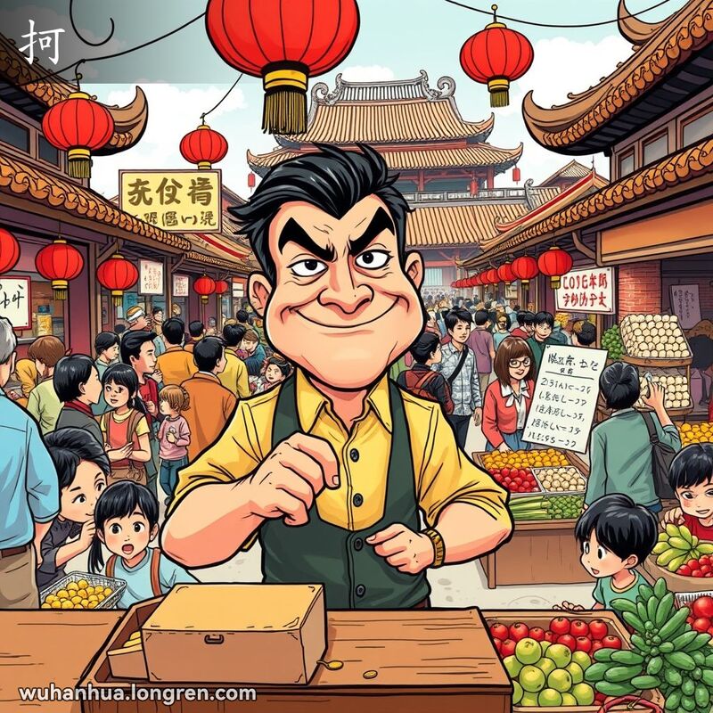 一个狡猾的男子在武汉市场偷偷拿走硬币，背景是忙碌的市场和传统建筑