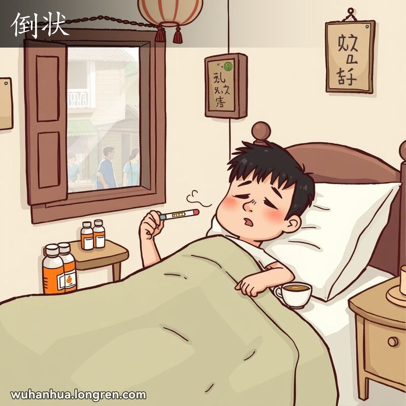 一位武汉市民躺在床上，显得非常虚弱和生病，嘴里含着体温计，身上盖着毯子，床边有药瓶和热茶，房间简朴温馨，窗外是武汉老街景象。
