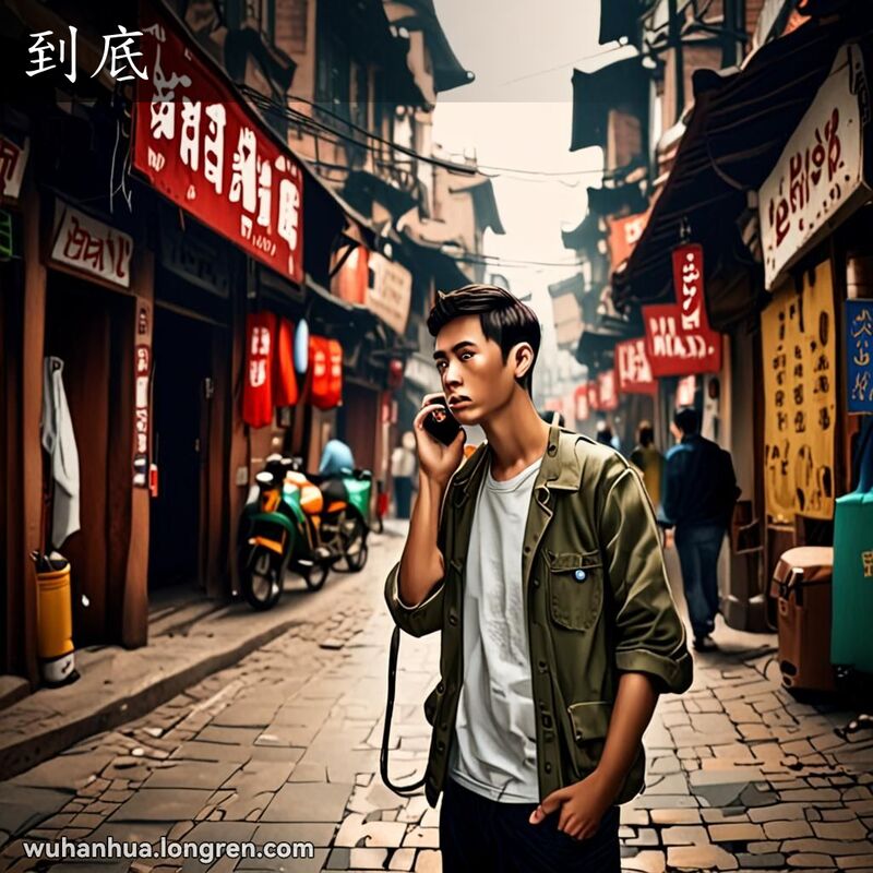 一位年轻人在武汉老街巷中手持电话，脸上露出疑惑和担忧的表情，背景是热闹的市场场景。