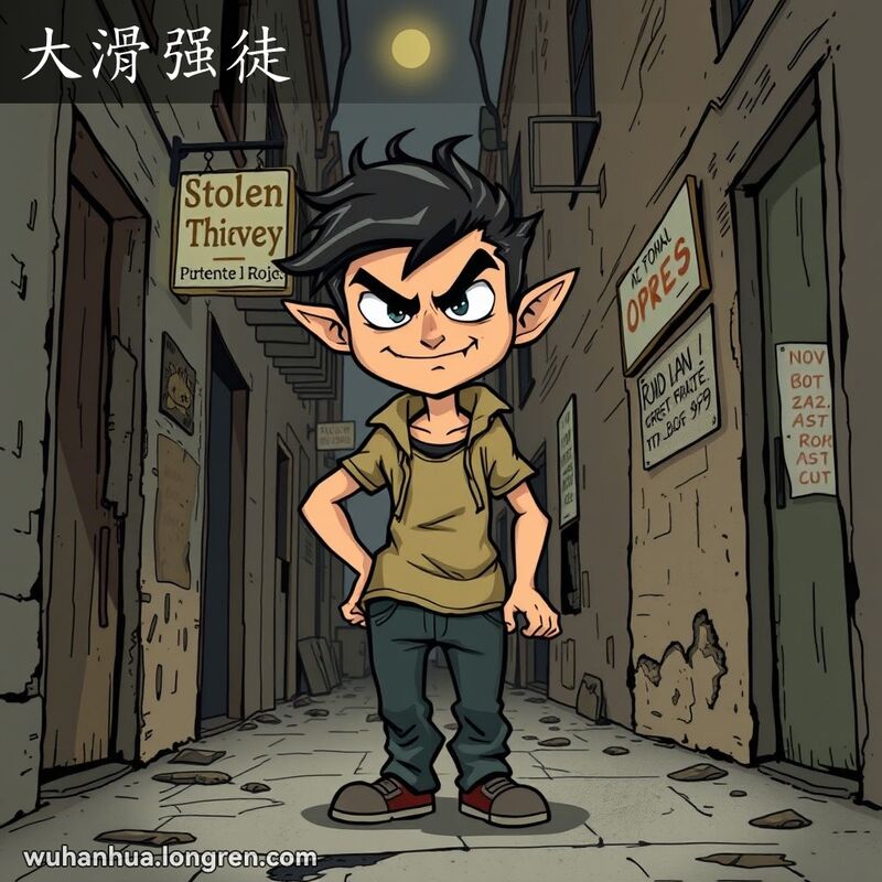 一个穿着破旧衣服的狡猾角色站在昏暗的巷子里，手里拿着一个小包，背景是破旧的建筑和褪色的标志。