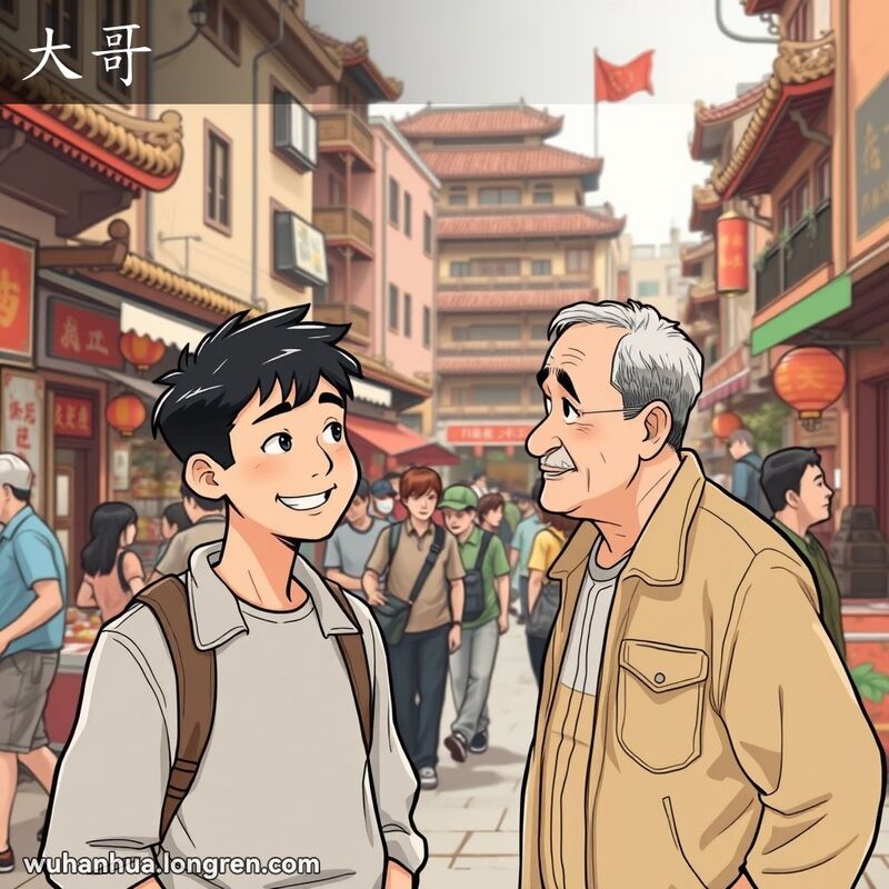 一位年轻男子在武汉街头友好地称呼另一位年纪相仿的男子为“大哥”，背景是武汉传统街景